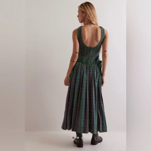 Free People Nightingale Plaid Maxi Dress L Green Purple Smocked Cottagecore - Picture 3 of 8